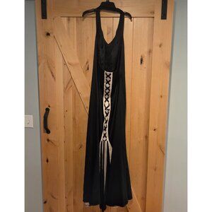 Steppin Out Size 14W Black Satin Lace up Back Sexy Goth Halter Dress Formal Maxi